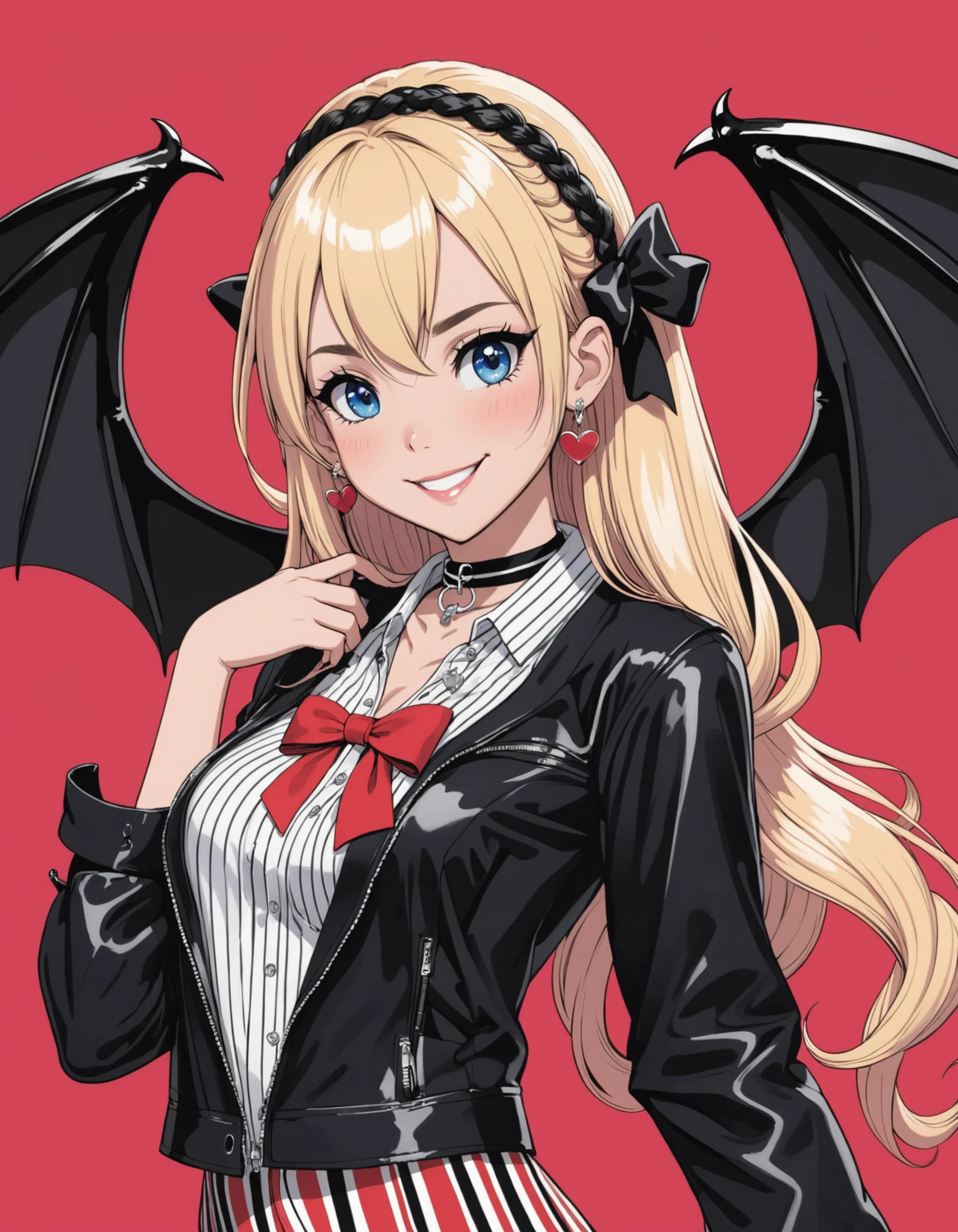 1girl, solo, long hair, looking at viewer, blush, smile, blue eyes, blonde hair, large breasts, shirt, hair ornament, bow, cleavage, twintails, jewelry, medium breasts, jacket, upper body, pink hair, braid, hair bow, earrings, open clothes, wings, choker, hairclip, striped, hand up, nail polish, grin, open jacket, black shirt, black bow, black choker, black nails, red nails, red background, vertical stripes, watch, striped shirt, wristwatch, bat , (animal), vertical-striped shirt, striped jacket, masterpiece, best quality