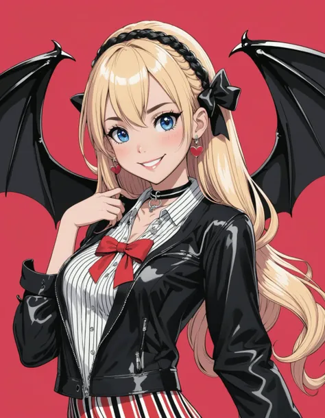 1girl, solo, long hair, looking at viewer, blush, smile, blue eyes, blonde hair, large breasts, shirt, hair ornament, bow, cleavage, twintails, jewelry, medium breasts, jacket, upper body, pink hair, braid, hair bow, earrings, open clothes, wings, choker, hairclip, striped, hand up, nail polish, grin, open jacket, black shirt, black bow, black choker, black nails, red nails, red background, vertical stripes, watch, striped shirt, wristwatch, bat , (animal), vertical-striped shirt, striped jacket, masterpiece, best quality