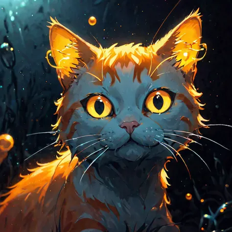 An orange bioluminescent cat with white gelatine whiskers