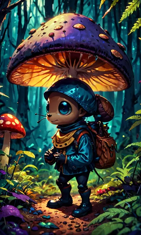 Tiny ant wearing (explorer's outfit:1.2), entranced by mushroom forest, deep colors against a (gloomy underbrush), (contrast), (mystical journey), (captivating glow), (adventure), (endearing character detail), (wonderstruck), (vibrant colors), (enchanting shadows)