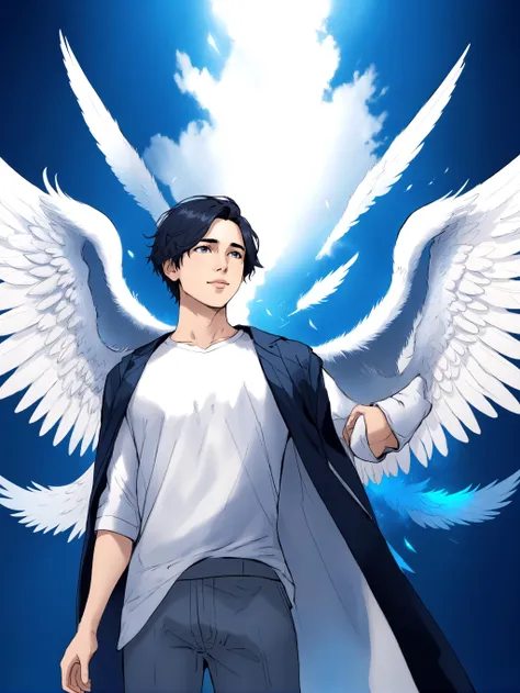 Duskfallcrew Art Style, masterpiece, official art, best quality, 1boy, angel, angel wings, feathered wings, blue theme, feathers, glowing wings, large wings, male focus, shirt, solo, spread wings, upper body, white feathers, white wings, winged arms, wings,, score_9_up, score_8_up, score_7_up, score_6_up, source_cartoon , <lora:dskartponyxl:1>