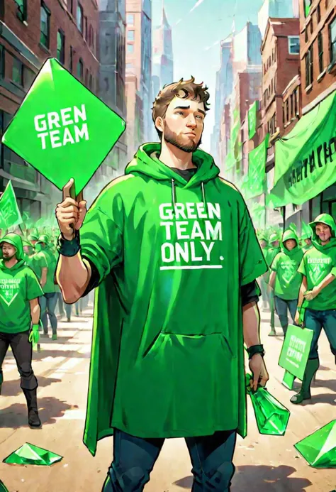 Justin Maier of CivitAi, outdoors, protesting inequality, dutch angle, animated, flat color, ultra sharp, holding a sign that says GREEN TEAM ONLY greengemix, grg1