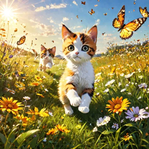 a perfect 3d render of a calico kitten playing in a field, chasing butterflies, beautiful sunlight,