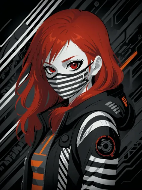 poster by tom whalen, digital art, upper body photo of a cute girl with red long hair, dressed in striped techwear jacket and leggins, cyberpunk face mask, black and white, striped background <lora:Tom_Whalen_SDXL:1>