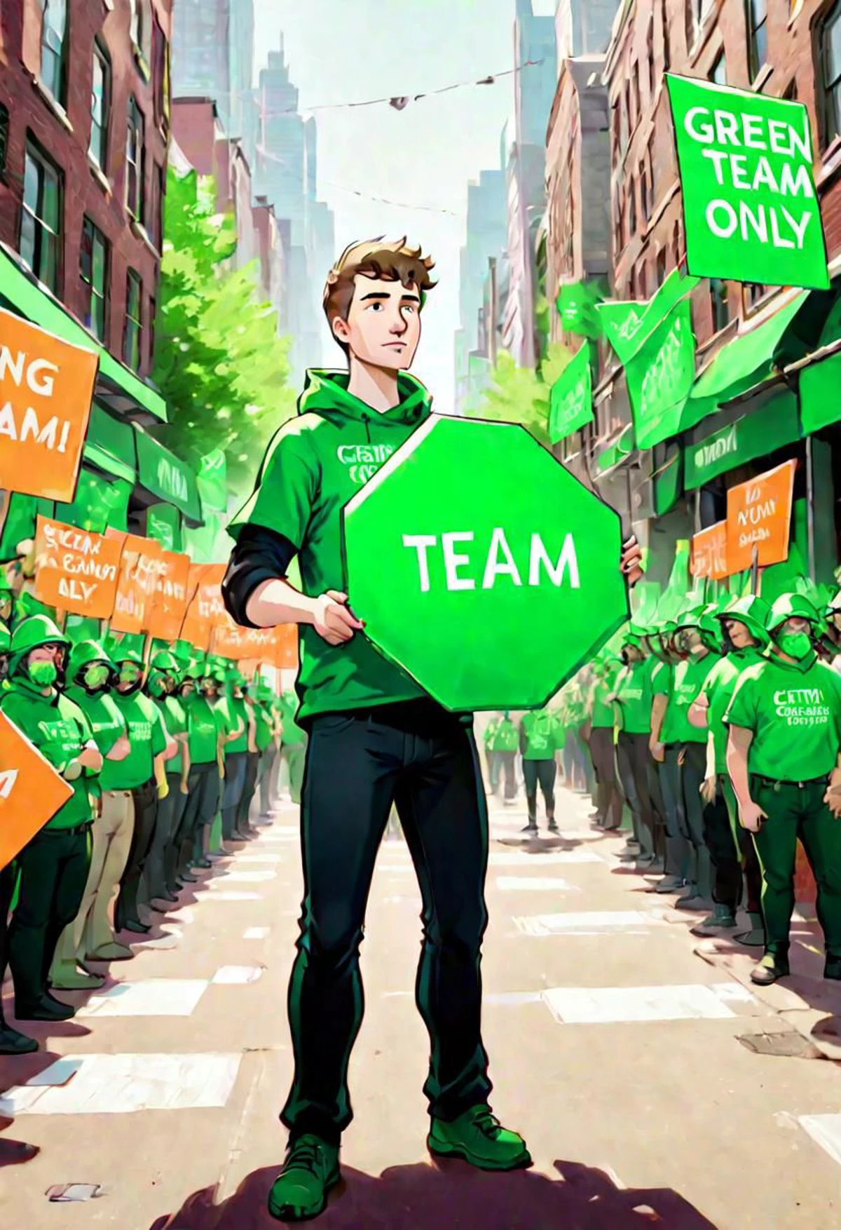 Justin Maier of CivitAi, outdoors, protesting inequality, dutch angle, animated, flat color, ultra sharp, holding a sign that says GREEN TEAM ONLY greengemix, grg1