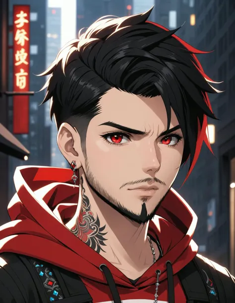 solo, looking at viewer, short hair, black hair, red eyes, 1boy, jewelry, closed mouth, upper body, male focus, red hair, earrings, outdoors, hood, necklace, streaked hair, tattoo, facial hair, scar, piercing, hood down, building, beard, scar on face, serious, city, scar across eye, stubble, facial tattoo, hyur, cinematic angle, cinematic lighting, dark, dark background, masterpiece, best quality