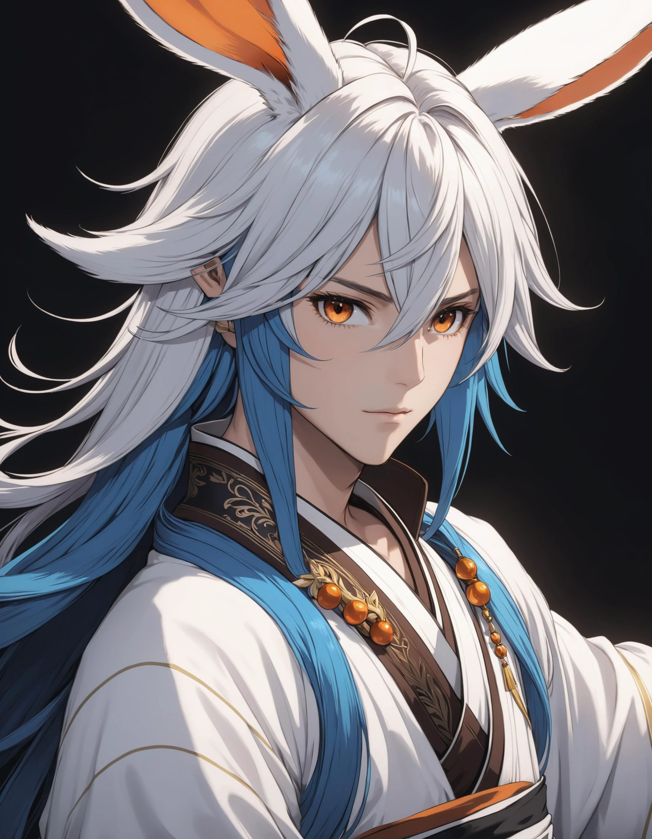 1boy, male focus, solo, FFXIV, viera, orange eyes, animal ears, rabbit ears, long hair, multicolored hair, two-tone hair, blue hair, white hair, chinese clothes, upper body, brown eyes, fantasy, close-up, cinematic angle, foreshortening, dark, dark background, best illustration, masterpiece, best quality