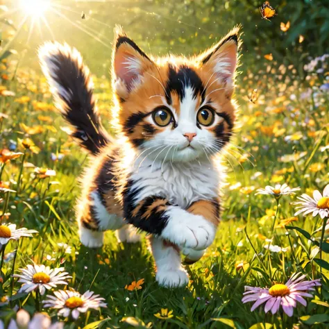 a perfect 3d render of a calico kitten playing in a field, chasing butterflies, beautiful sunlight,