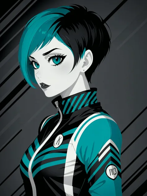 poster by tom whalen, digital art, upper body photo of a sexy girl with teal pixie cut hair, dressed in striped techwear jacket and leggins, black and white, striped background <lora:Tom_Whalen_SDXL:1>