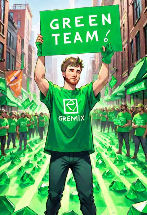 Justin Maier of CivitAi, outdoors, protesting inequality, dutch angle, animated, flat color, ultra sharp, holding a sign that says GREEN TEAM ONLY greengemix, grg1