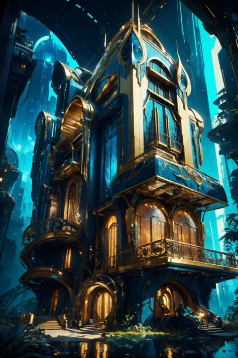 fantasy art deco, cinematic color grading, fantasy, victorian house in a great scifi arcology outside of reality, masterpiece, by Wadim Kashin<lora:EnvyFantasyArtDecoXL01:0.5><lora:EnvyBetterHiresFixXL01:0:hr=1>