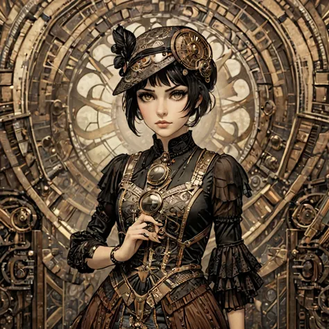 1920s flapper girl in steampunk style setting, dress made in a steampunk style, 1920s steampunk, vintage photograph, hyper detailed, masterpiece