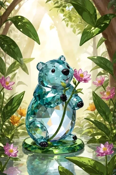 wondrous, wombat, In a secret oasis, a mystical garden unfurls, its enchanting blooms and verdant foliage whispering secrets of ancient wisdom, Bouncing off mirrors made of pamcrystal, <lora:sdxl_glass_crystal:0.8>