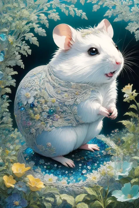 mythical, hamster, Within a hidden enclave, a botanical masterpiece blooms, its meticulously arranged flowers a testament to nature's artistry, Being refracted and reflected by gemstones made of lace drawing, <lora:SDXL_lace_drawing_Sa_May_V3:1>