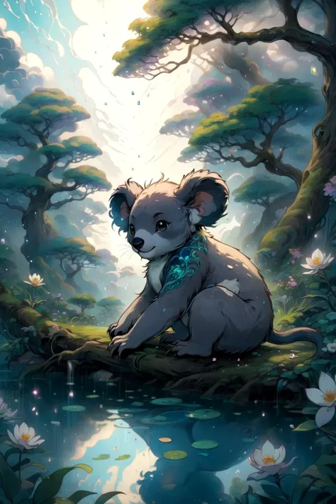 eldritch, koala, In a realm of enchanted serenity, a garden of tranquility blossoms, its Zen-like beauty inducing a sense of inner peace, Being refracted and dispersed by raindrops made of mythical clouds <lora:SDXL_mythicalclouds:0.8>
