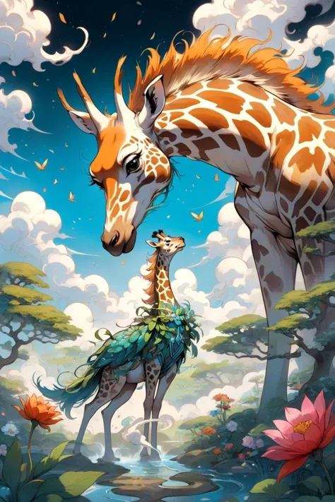 mythical, giraffe, Amidst a hidden sanctuary, a garden of serenity unfolds, its tranquil blooms inviting inner peace and harmony, Creating caustic patterns in liquids made of mythical clouds <lora:SDXL_mythicalclouds:0.8>