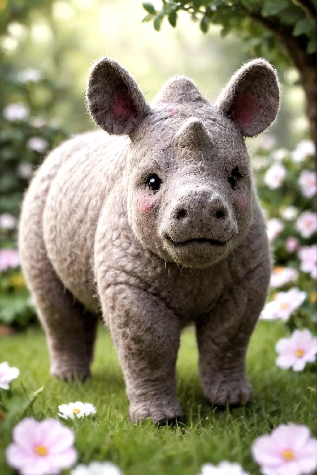 enchanting, rhinoceros, Within an enchanted realm, a garden of whimsy materializes, its fantastical blooms and mythical creatures captivating all who enter, Being refracted and dispersed by raindrops made of pamfelt<lora:sdxl_pamfelt:0.8>