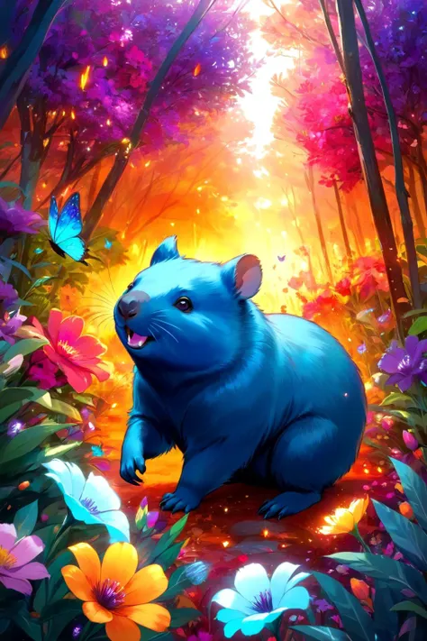 ghostly, wombat, Amidst a realm of vibrant hues, a magical garden blossoms, its petals ablaze with radiant colors, Creating a sense of warmth or coolness <lora:star_xl_v2:0.8>