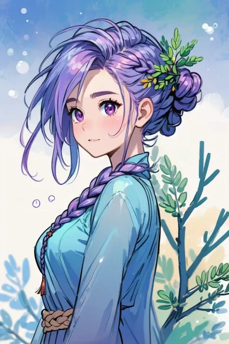 ink and wash, rough ink sketch, full color, Shrubland, 1girl, woman, f/1.4 lens, bokeh, tiny Lacebark Pine tree sprite, see-through gossamer, blush, bombshell hair, infra dark color:blueviolet and multicolor hair, side braid, average figure, caucasian<lora:EnvyInkAndWashXL01:0.72>