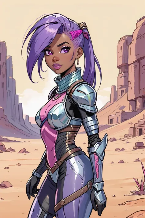ink and wash, rough ink sketch, full color, watercolor, paper texture, cheerful,Unearthly scifi city at the end of time, 1girl, woman, desert warrior villainess, armor, bombshell hair, shiny deep color:mediumpurple hair with pink highlights, side ponytail, hourglass figure, (african, dark skin:0.6)<lora:EnvyInkAndWashXL01:0.65>