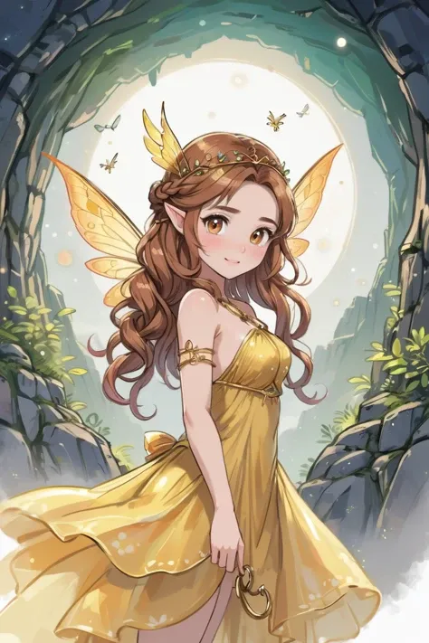 ink and wash, rough ink sketch, full color, watercolor, paper texture, Lunar Lava Tubes, 1girl, woman, f/1.4 lens, bokeh, tiny Golden Chain tree fairy princess,fairy wings, see-through gossamer, >o<, bombshell hair, brown hair, low-braided long hair, chubby, narrow waist, small breasts, korean<lora:EnvyInkAndWashXL01:0.65>