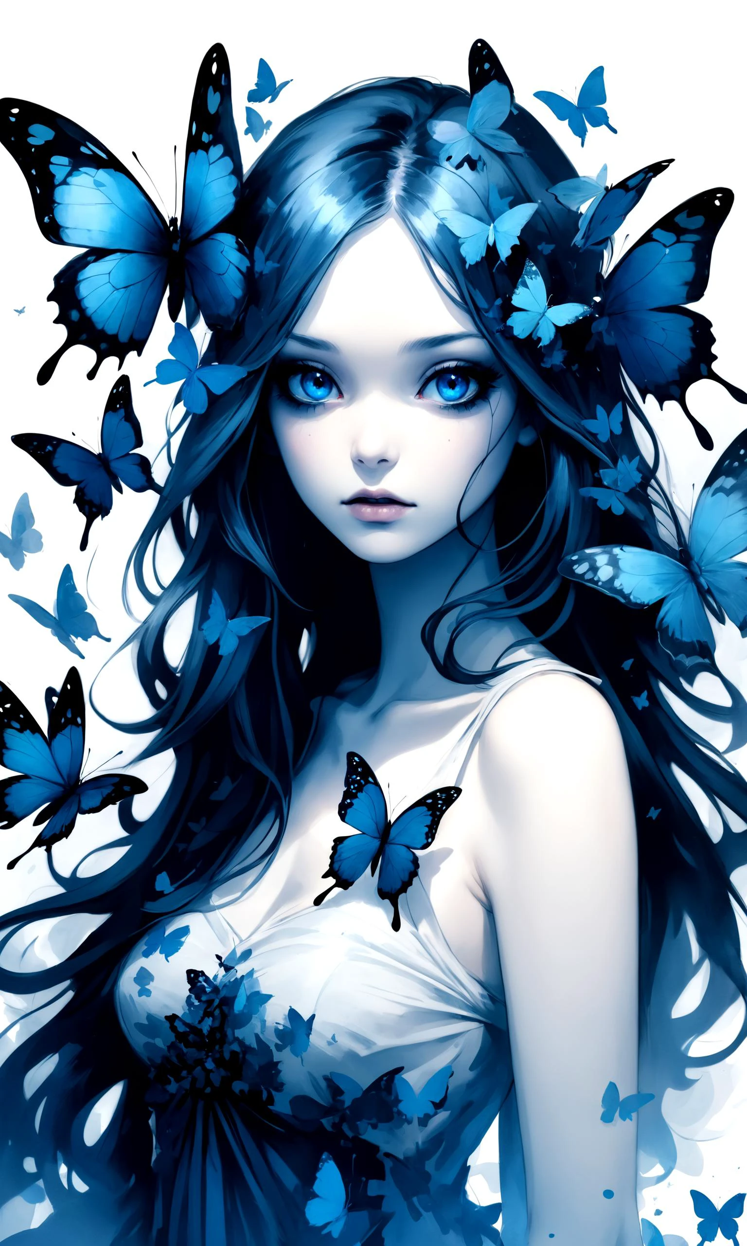 Create an exquisite ink painting on white paper that's the perfect piece of multiple exposure art. This piece should combine the volume-shaded silhouette of a long-haired butterfly girl with butterflies in a gothic style, photo, cinematic, dark fantasy, typography