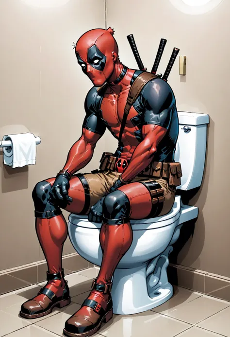 Deadpool sitting on a toilet, wearing the brown pants