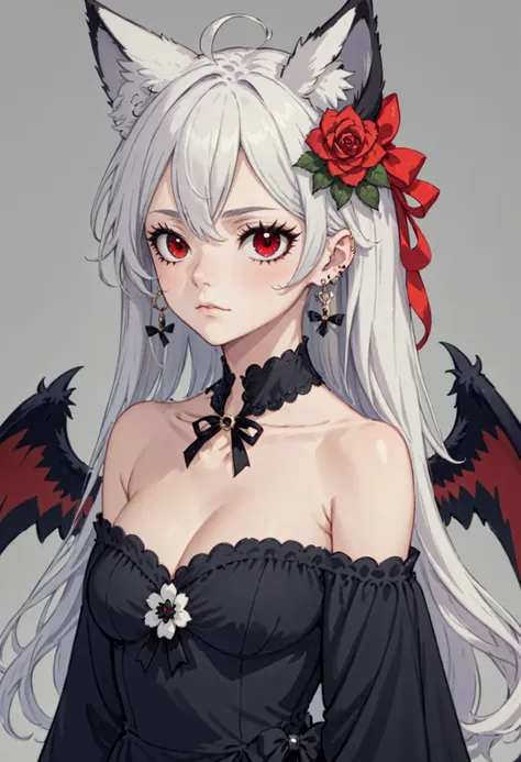 1girl,  animal ear fluff,  animal ears,  bare shoulders,  black dress,  black flower,  black ribbon,  closed mouth,  collarbone,  dress,  ear piercing,  earrings,  facial mark,  flower,  fox ears,  hair between eyes,  hair flower,  hair ornament,  hand up,  jewelry,  long hair,  long sleeves,  looking at viewer,  makeup,  off shoulder,  off-shoulder dress,  piercing,  red eyes,  ribbon,  ring,  rose,  solo,  upper body,  white hair,  wings, studio anime, flat, animated