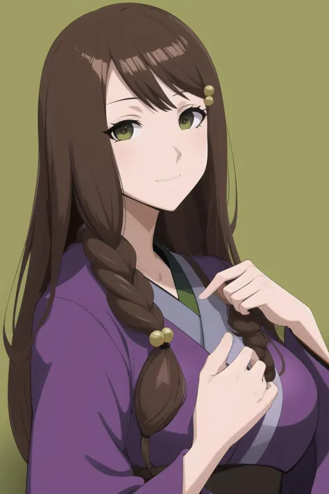 Highres,Masterpiece,Ultra-Detailed,Hyper-Detailed,Beautiful Detailed Face,Bishoujo,1Girl,Solo,Large Breasts,Hair Ornament,Single Braid,Japanese Clothes,Purple Kimono <lora:Yakumo-13:1> yakumokurama