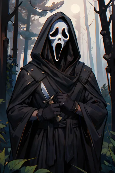 ghostface, man, gloves, black gloves, hood, mask, hood up, robes, looking at viewer, standing, outside, forest, fog, holding knife, night, high quality, masterpiece, <lora:ghostface:.6>