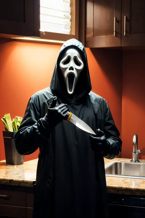 ghostface, man, gloves, black gloves, hood, mask, red background, hood up, cloak, looking at viewer, standing, holding knife, inside kitchen, night, soft lighting, high quality, masterpiece, <lora:ghostface:.6>