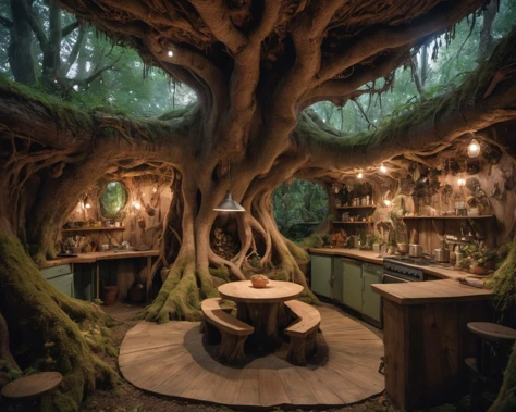 photograph of a comfy kitchen room in the underground (inside a tree root:1.2) in a magical fairy forest