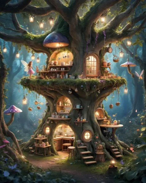 magical forest with fairies and a kitchen standing in the middle of it, (inside a tree:1.2)