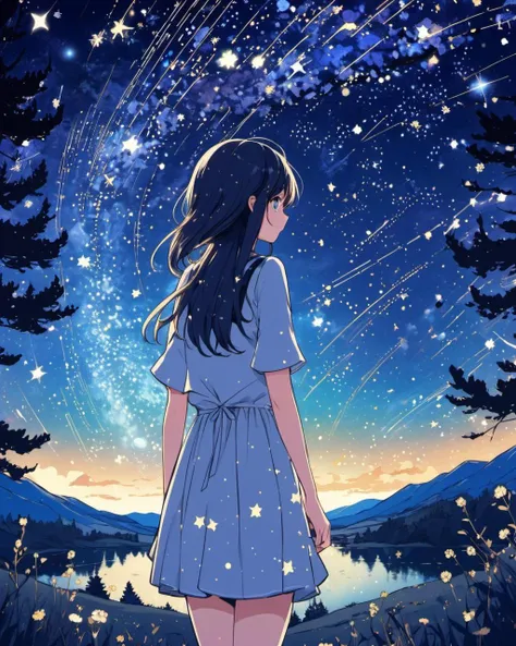 anime comic style 1girl, Design an image showcasing the allure of a starry night sky, with a myriad of twinkling stars, constellations, and the Milky Way.,masterpiece, best quality,