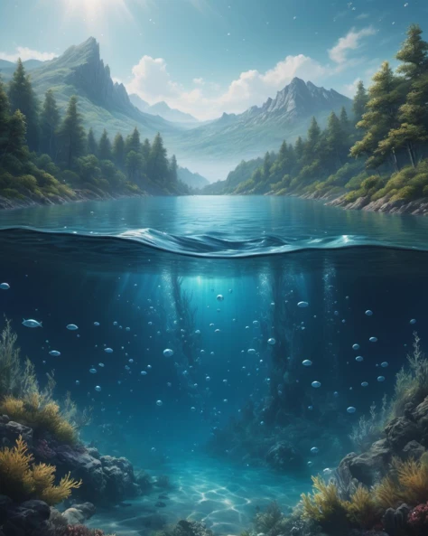 a painting of a body of water surrounded by trees, a matte painting, bubbly underwater scenery, seas of mountain, beautiful realistic photo, 4 k highly detailed art