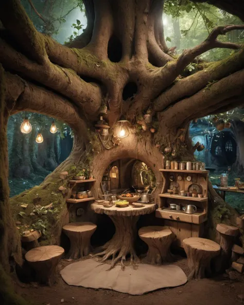 photograph of a comfy kitchen room in the underground (inside a tree root:1.2) in a magical fairy forest