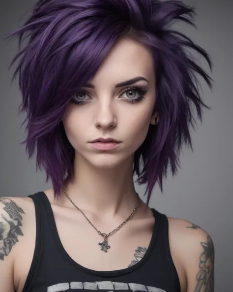 a portrait photograph of a pretty punk female with dark purple hair, beautiful realistic photo, 4 k highly detailed