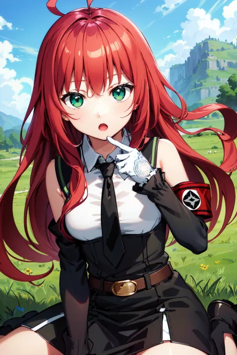 masterpiece, best quality, highres, 1girl, solo, red hair, long hair, ahoge, green eyes, medium breasts, bare shoulders, black necktie, white shirt, detached sleeves, long sleeves, armband, white gloves, belt, black skirt, <lora:rusalka_schwagerin_v1:0.6>, grass, wariza, :o, blue sky,