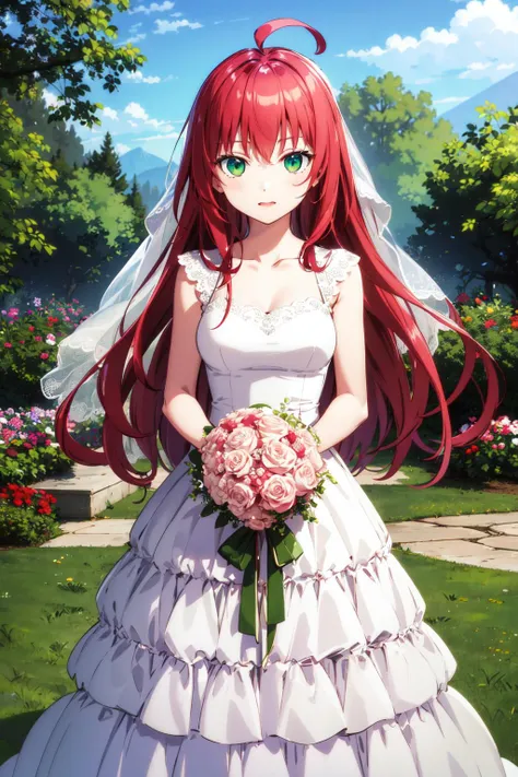 masterpiece, best quality, highres, 1girl, solo, red hair, long hair, ahoge, green eyes, medium breasts, <lora:rusalka_schwagerin_v1:0.6>, wedding dress, garden, standing, holding bouquet,