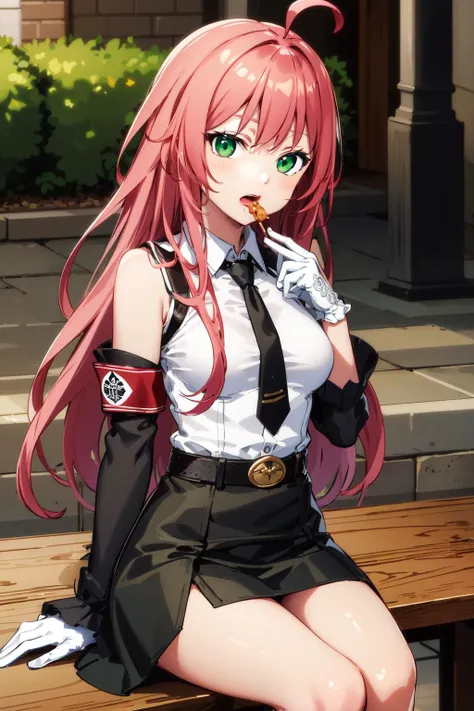 masterpiece, best quality, highres, 1girl, solo, red hair, long hair, ahoge, green eyes, medium breasts, bare shoulders, black necktie, white shirt, detached sleeves, long sleeves, armband, white gloves, belt, black skirt, <lora:rusalka_schwagerin_v1:0.6>, street, table, sitting, food, eating, outdoors, open mouth,