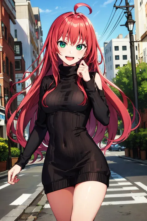 masterpiece, best quality, highres, 1girl, solo, red hair, long hair, ahoge, green eyes, medium breasts, <lora:rusalka_schwagerin_v1:0.6>, virgin killer sweater, long sleeves, street, cowboy shot, turtleneck, ribbed sweater, sweater dress, smile, open mouth,