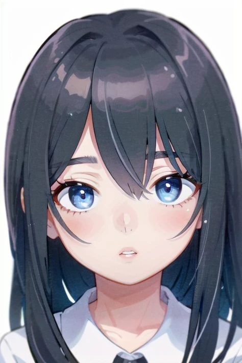 1girl, bangs, black_hair, blue_eyes, blurry, blurry_background, close-up, depth_of_field, eyebrows_visible_through_hair, face, hair_between_eyes, lips, looking_at_viewer, parted_lips, simple_background, solo