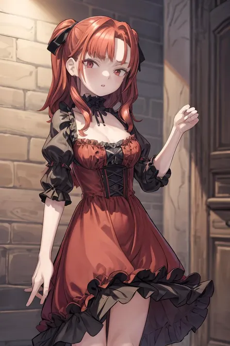 (masterpiece, best quality), 1girl, red hair, medium chest, gothic frill dress, pervert face, <lora:add_detail:1>