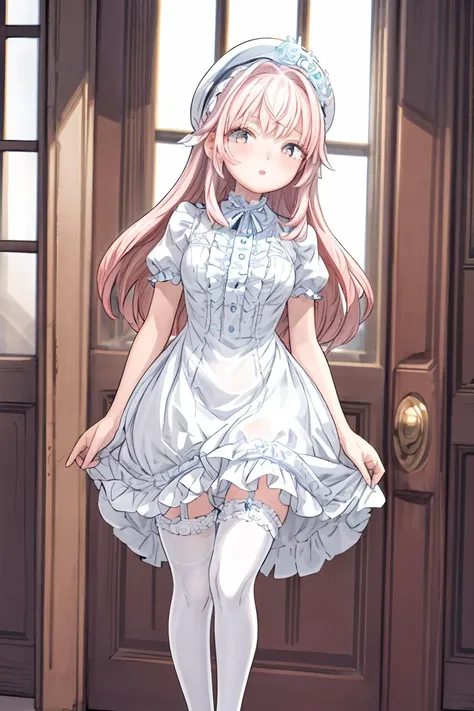 (masterpiece, best quality), 1girl, blue and white frill dress, (white stockings), pink hair, cute face, standing, indoor, intricate detail, sunlight, <lora:add_detail:1>