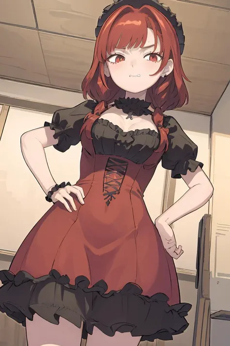 (masterpiece, best quality), 1girl, red hair, medium chest, gothic frill dress, pervert face,