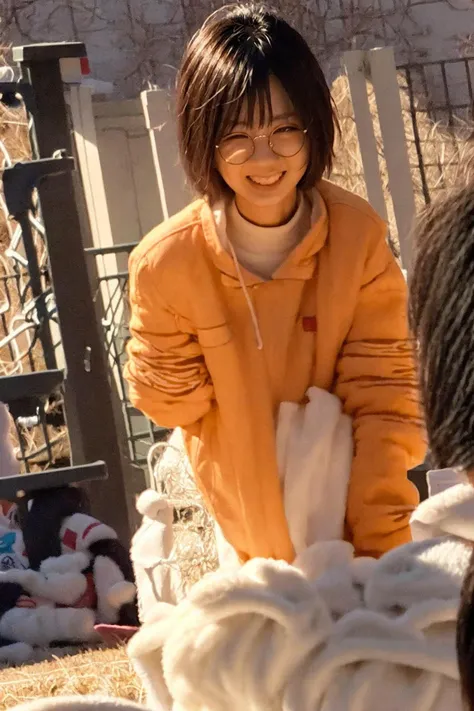 (8k, RAW photo, best quality, masterpiece:1.2), (realistic, photo-realistic:1.37), best quality, ultra high res, photon mapping, radiosity, physically-based rendering, 1girl, ((glasses)), ((hoodie)), ((sweatpants)), naughty face, cute, (laughing), (happy), (Kpop idol), (aegyo sal:1), ((puffy eyes)), looking at viewer, posing, (full body), large breasts, busty, large butt, cityscape, night, (bokeh:1.4),  ((wink)), ((hair yellow by air)),