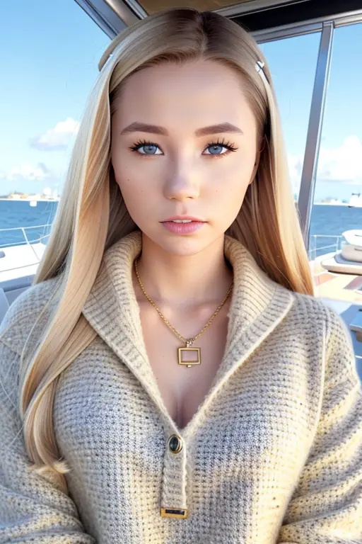 <lora:c4r0l1n4sw33ts:1>, beige sweater, on a yacht at sea, gold necklace, near an island paradise, perfect sunny day, highly detailed face, blonde, RAW, HD, 8K, (candid:1.1, amateur:1.1), (smiling:0.5), cinematic lighting