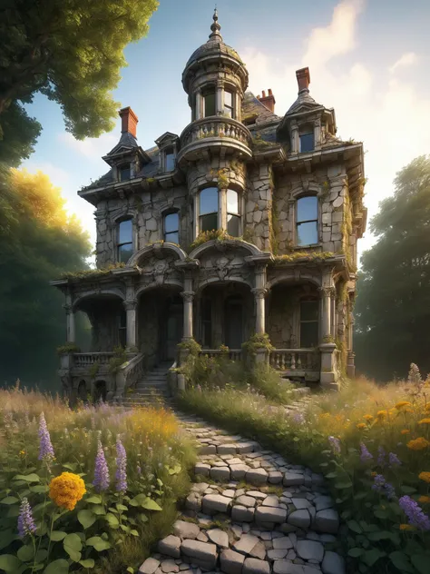 An abandoned Victorian mansion overtaken by nature, with mad-efeu climbing its crumbling walls made of mad-rubble and wildflowers blooming through the cracks of an ancient cobblestone path. The setting sun casts a golden hue over the scene, highlighting the eerie beauty of decay and the relentless power of nature reclaiming human creations, (masterpiece:1.2), best quality, (hyperdetailed, highest detailed:1.2), high resolution textures