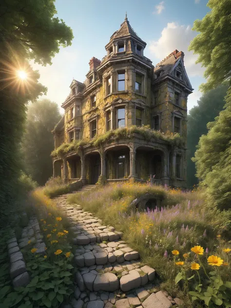 An abandoned Victorian mansion overtaken by nature, with mad-efeu climbing its crumbling walls made of mad-rubble and wildflowers blooming through the cracks of an ancient cobblestone path. The setting sun casts a golden hue over the scene, highlighting the eerie beauty of decay and the relentless power of nature reclaiming human creations, (masterpiece:1.2), best quality, (hyperdetailed, highest detailed:1.2), high resolution textures