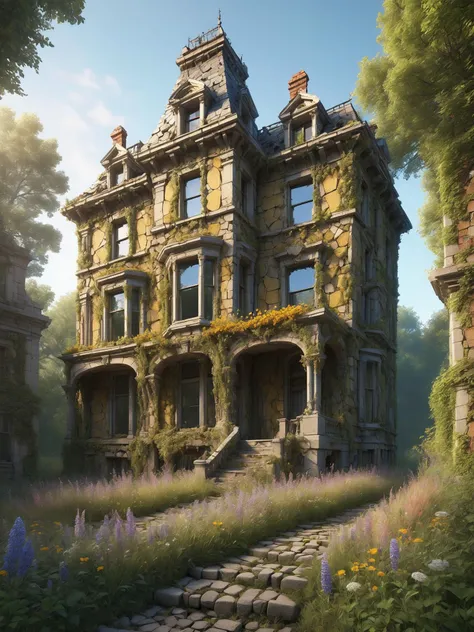 An abandoned Victorian mansion overtaken by nature, with mad-efeu climbing its crumbling walls made of mad-rubble and wildflowers blooming through the cracks of an ancient cobblestone path. The setting sun casts a golden hue over the scene, highlighting the eerie beauty of decay and the relentless power of nature reclaiming human creations, (masterpiece:1.2), best quality, (hyperdetailed, highest detailed:1.2), high resolution textures